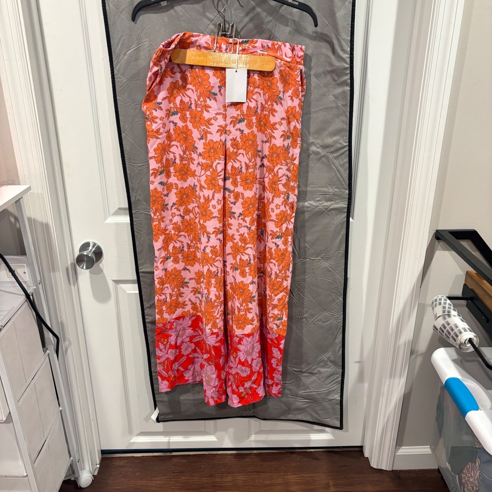 NWT 70s Retro Floral Wide Leg Palazzo Pants Pink Orange Colorblock Flowy S